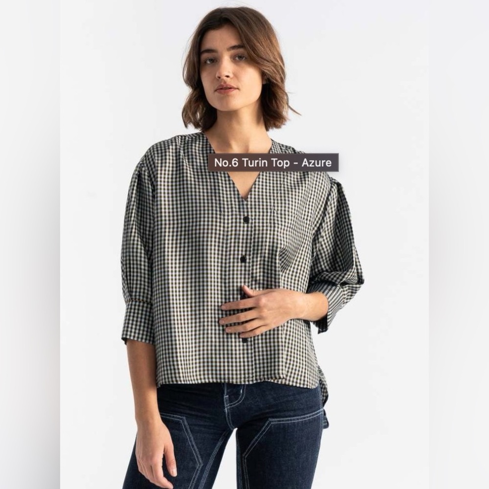 No. 6 Silky Turin Top in Azure Mini Check